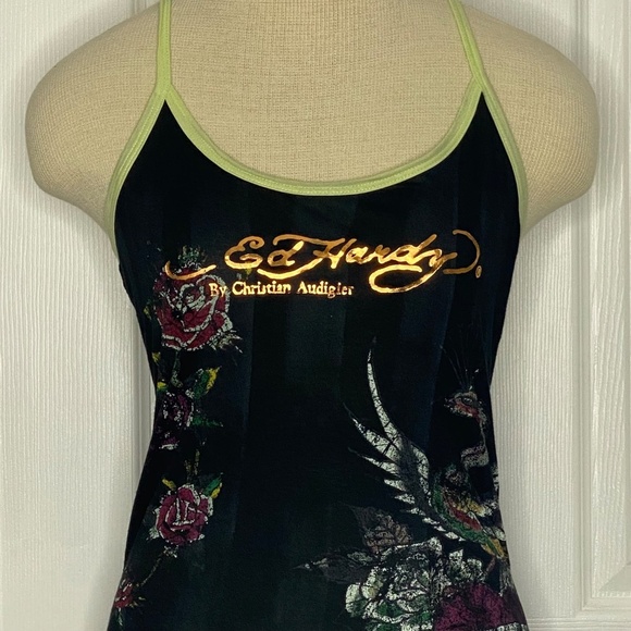 RARE NWT ED HARDY Black Rayon Peacock Rose Tattoo Racerback Dress Y2K M - Picture 3 of 15